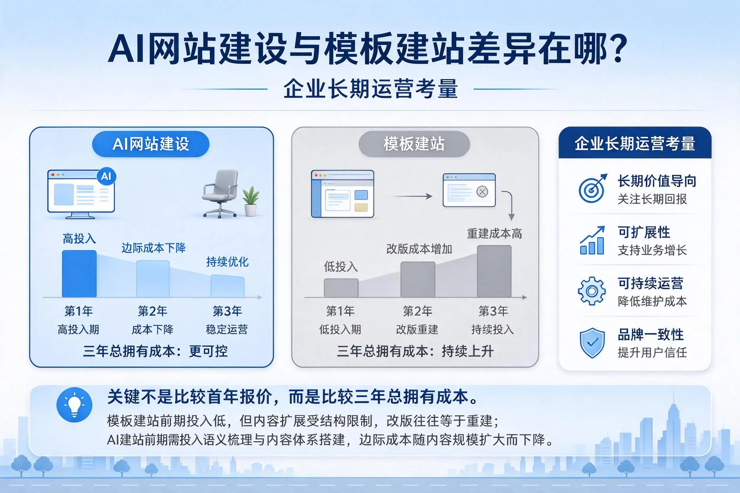 AI网站建设与模板建站差异在哪?南充企业长期运营考量